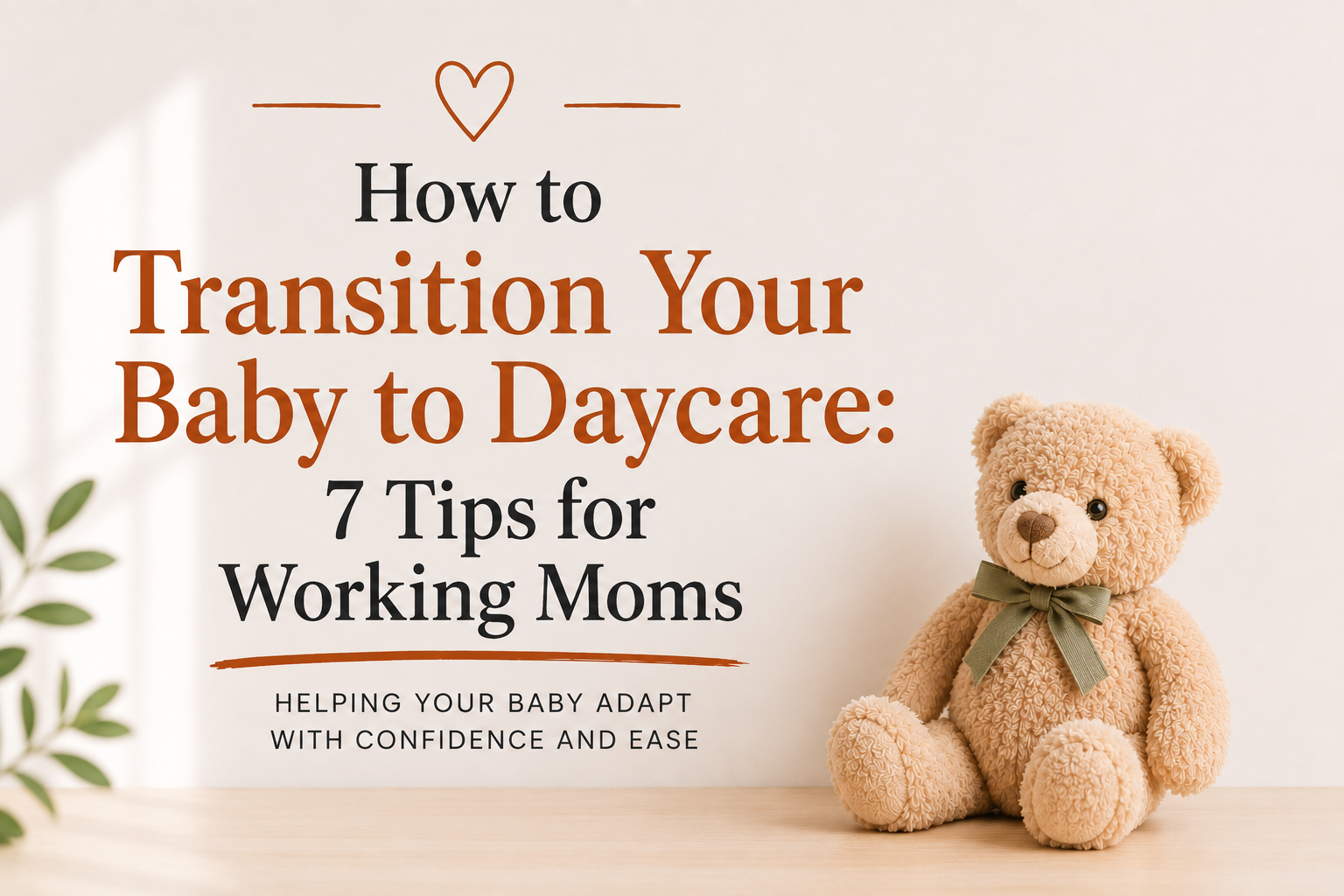 How to transition your baby to daycare with 7 practical tips for working moms, illustrated with a teddy bear in a warm, neutral nursery setting.