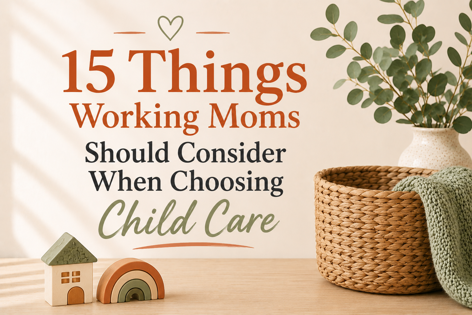 Child care guide for working moms featuring 15 important things to consider when choosing child care, with neutral nursery-inspired decor.