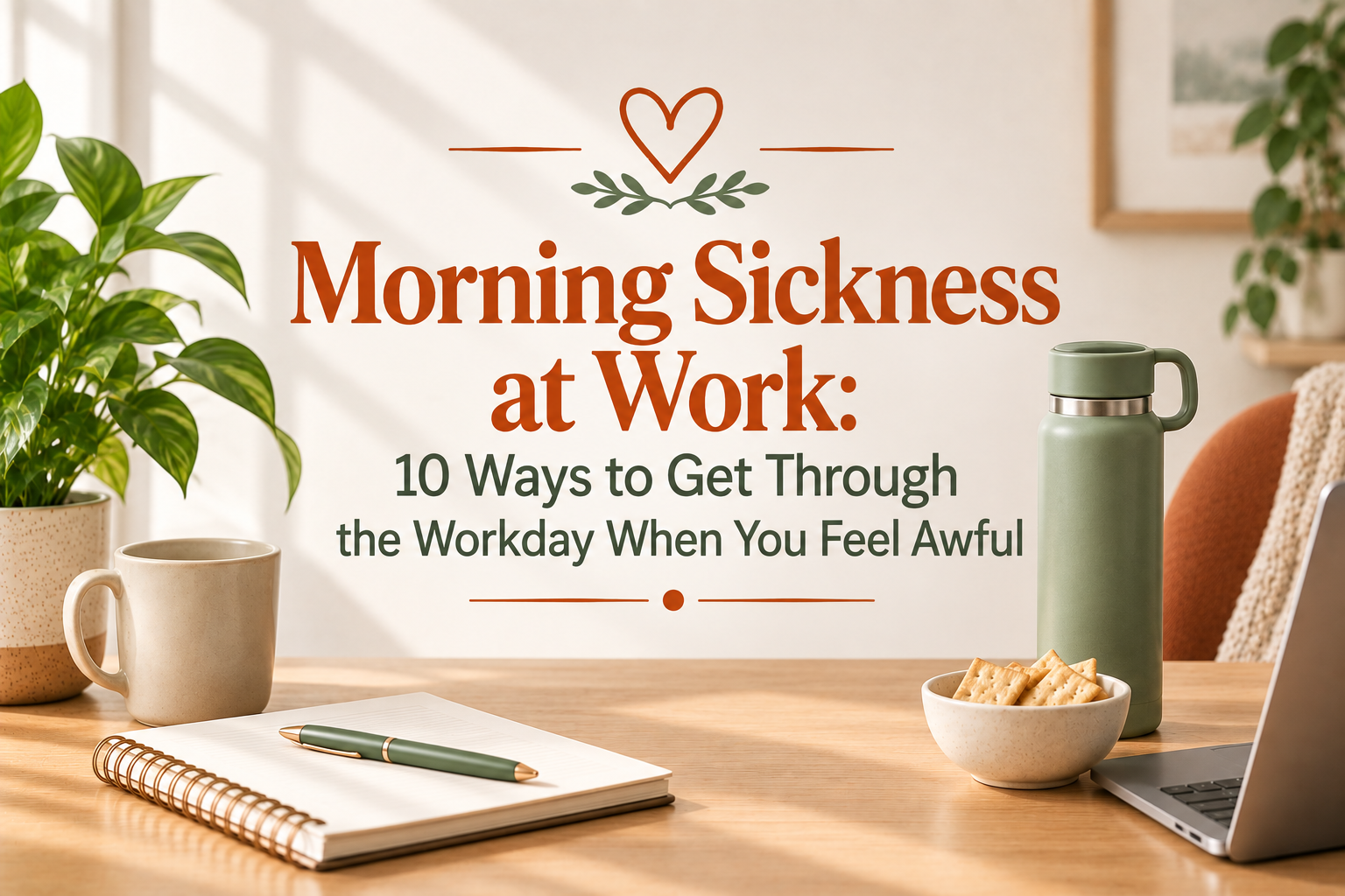 Morning sickness at work graphic featuring a desk with crackers, water, a laptop, and the title “Morning Sickness at Work: 10 Ways to Get Through the Workday When You Feel Awful.”